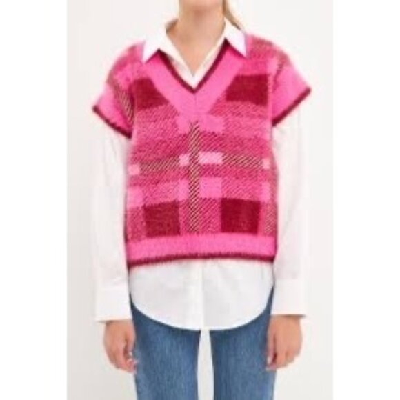 English Factory Womens Pink Plaid Sleeveless Sweater Vest Sz XS NWT - Picture 1 of 6